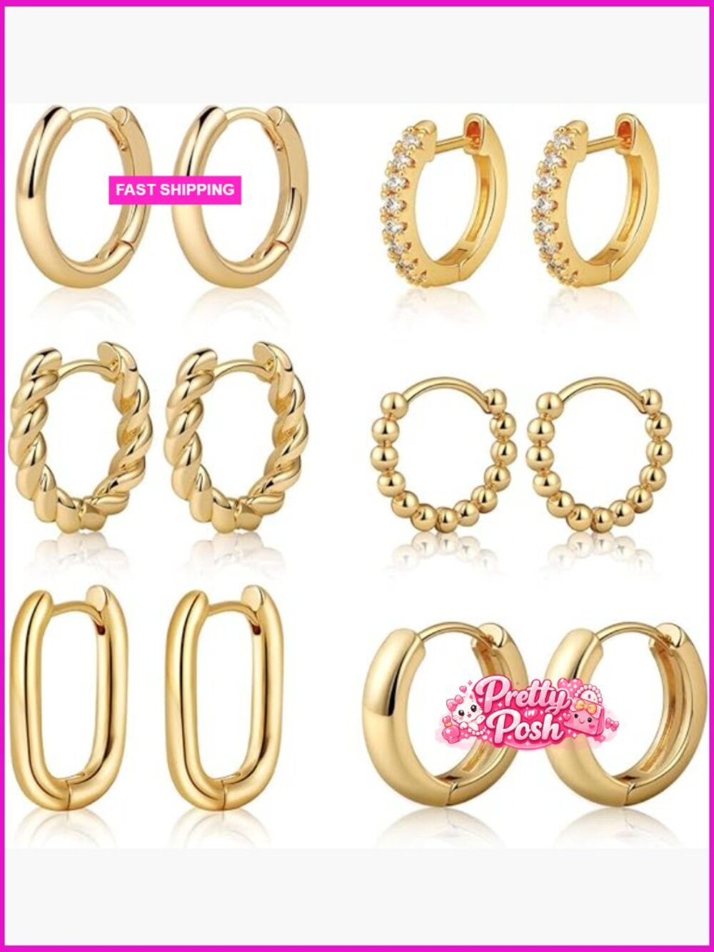 14K Gold Plated Huggie Hoop Earrings Set 6 Pair Hypoallergenic